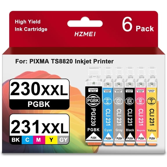 6 Pack High Yield PGI-230XXL CLI-231XXL Ink Cartridge Set Compatible with Canon PIXMA TS8820 Inkjet Printer, PGBK BK C M Y GY