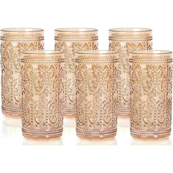 6 Pack Highball Beverage Glass Cup, 12oz Amber Glassware Drinking, Vintage Embossed Drinking Glasses, Old Fashioned Glass for Party Wedding Home Office and Gift