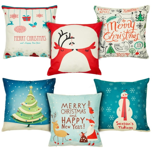6 Pack Holiday Throw Pillow Covers, Merry Christmas, Reindeer, Xmas Tree, Seasons Tidings, Happy New Year, 18x18 Inch