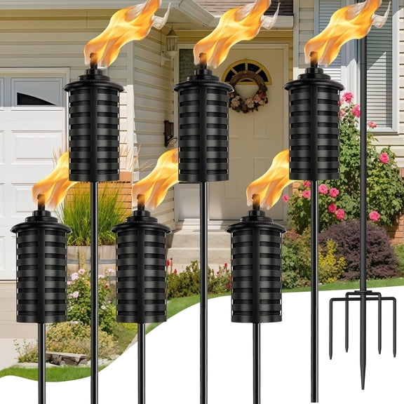 6-Pack Home Garden Torch , 16 Oz Outdoor Black Metal Torch Garden Dcor ,60-Inch Upgraded Citronella Torches with 5-Prong Grounded Stake , Metal Light Torches for Party Patio Pathway