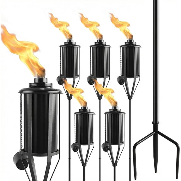 6 Pack Home Garden Torch, Large Capacity 16oz Outdoor Metal Torch Garden Dcor,59-Inch Upgraded Citronella Torches with 3-Prong Grounded Stake, Table Top Torches for Party Patio Pathway