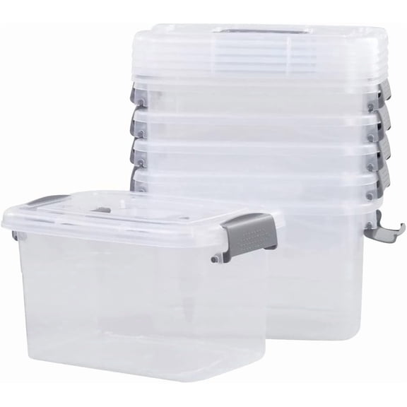 PCS 6-Pack Home Storage Bins, Plastic Container, Latching Box with Handle (Grey handle)