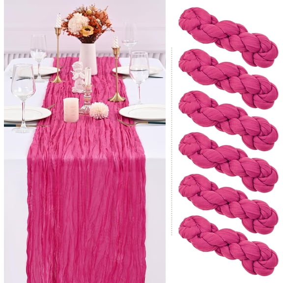 6 Pack Hot Pink Cheesecloth Table Runner, 10FT Long Semi-Sheer Boho or Rustic Gauze Table Runner Wedding Table Decor for Wedding Decor Arch Draping Bridal Shower Holiday Party