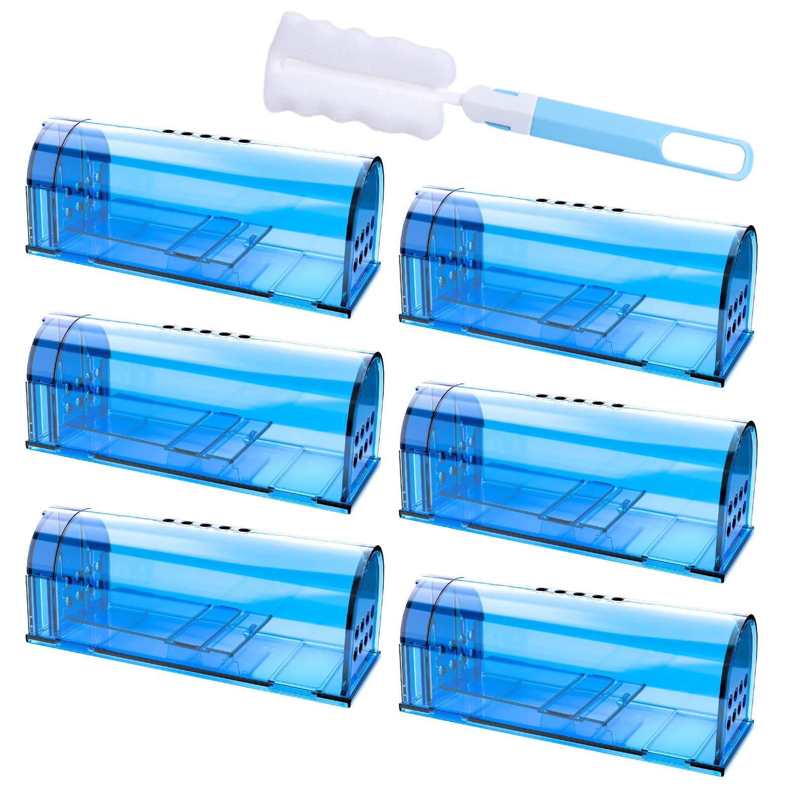 6 Pack Humane Mouse Traps No  Catch And Release Live Indoor For Home Reusable Mice Cage With Cleaning Brush(blue)