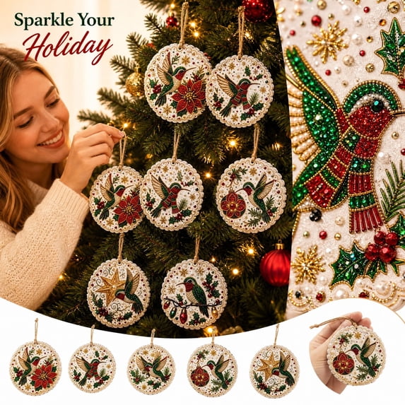 6 Pack Hummingbird Christmas Ornaments DIY Kit, Pearl Sticker Diamond Painting Craft Set, Round Hanging Decorations for Xmas Tree, Holiday Gift for Kids Adults