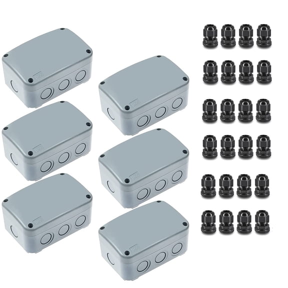 6-Pack IP66 Outdoor Junction Box, Weatherproof Electrical Enclosure with 24x 20mm Cable Glands, ABS/PVC Watertight 4.9"x3.3"x2.3"