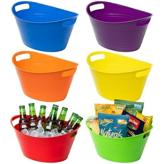 6 Pack Ice Buckets with Handles, Ice Drink Tub for Party & Bar, Wine Beer Champagne Beverage Bottle Cooler, Plastic Storage Tub, Oval Storage Basket for Home, 4.5 Liter Each, Multi-Color