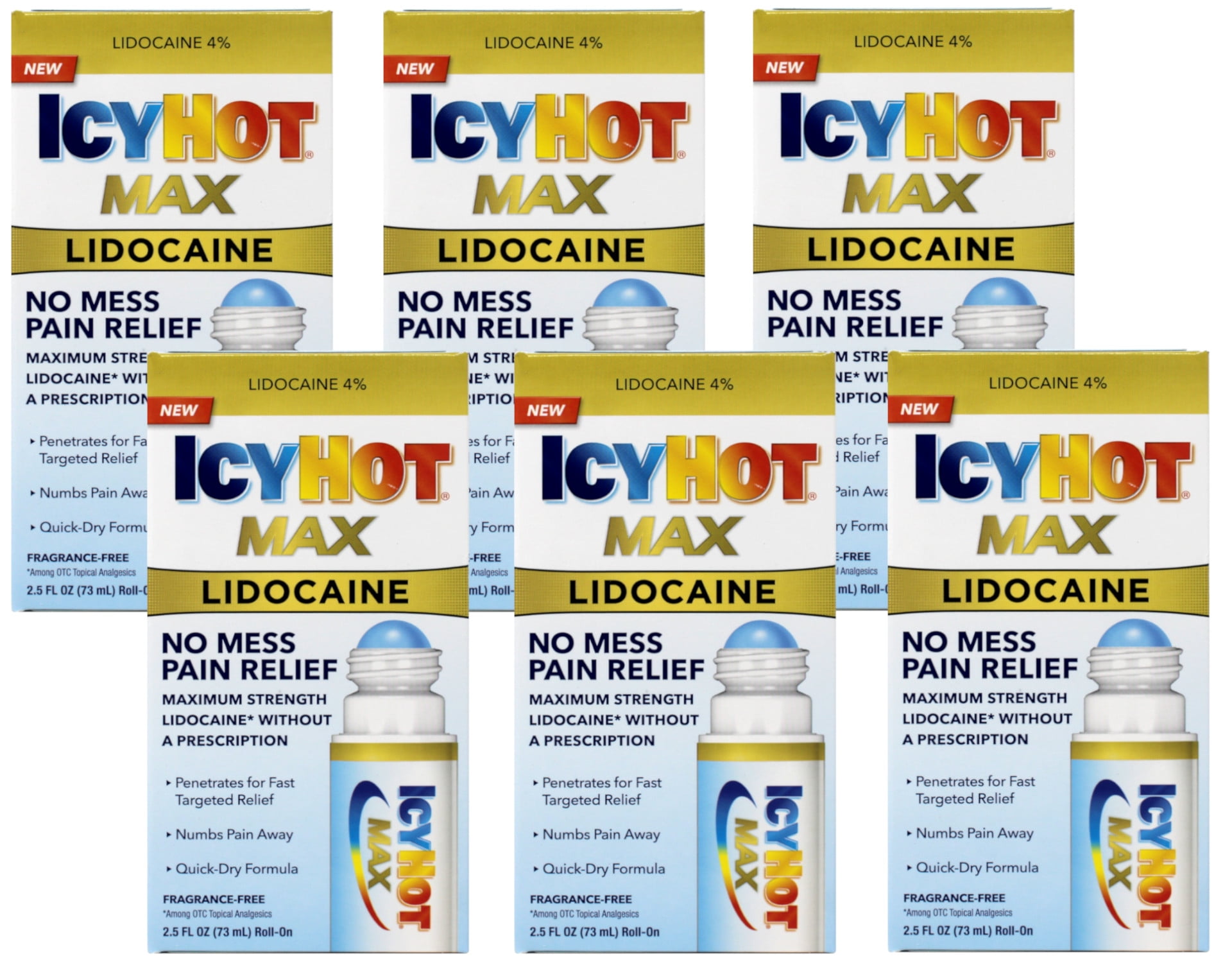 6 Pack Icy Hot Lidocaine Plus Menthol NoMess Pain Relief Applicator 2.5 Ounce Each