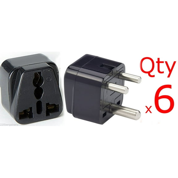 6 Pack India 3-Round Pin Plug Adapter with Universal Output Socket Black