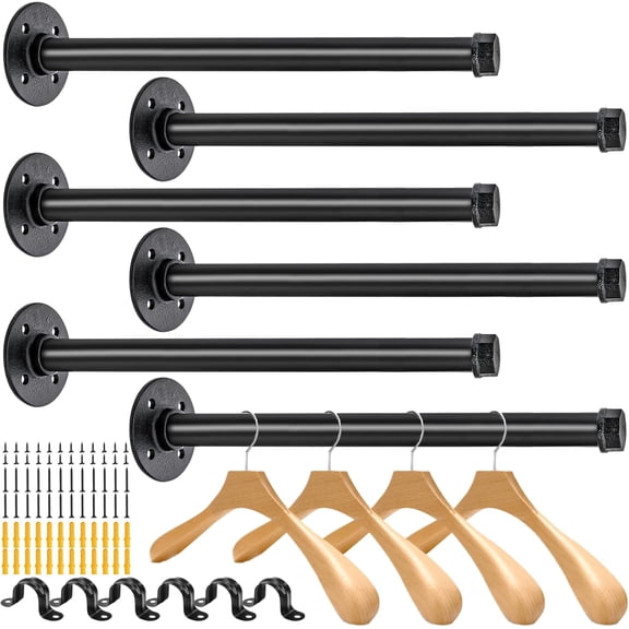 6 Pack Industrial Pipe Clothes Bar, 12 Inch Wall-Mounted Clothing Rack, Heavy Duty Metal Coat Hook for Bathroom, Bedroom, Laundry Room, Retail Boutique Display