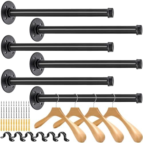 6 Pack Industrial Pipe Clothes Bar, 12 Inch Wall-Mounted Clothing Rack, Heavy Duty Metal Coat Hook for Bathroom, Bedroom, Laundry Room, Retail Boutique Display$$Home Decor, Kitchen, & Other