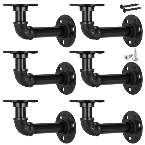 6 Pack Industrial Pipe Shelf Brackets, Black Cast Iron Floating Shelf Supports, Rustic Wall Mount Pipe Brackets for DIY Wooden Shelves