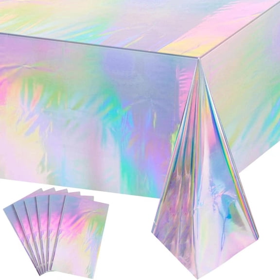 6 Pack Iridescence Plastic Tablecloths Shiny Disposable Laser Rectangle Table Covers Holographic Foil Tablecloth Iridescent Party Decoration Birthday Bridal Wedding Christmas 54" x 108"(Laser)