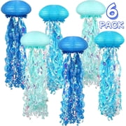 6 Pack Jelly Fish Paper Lanterns, Hanging Gradient Blue Paper Lanterns for Birthday Mermaid Theme Under The Sea Ocean Party Baby Shower Kids Room Decorations