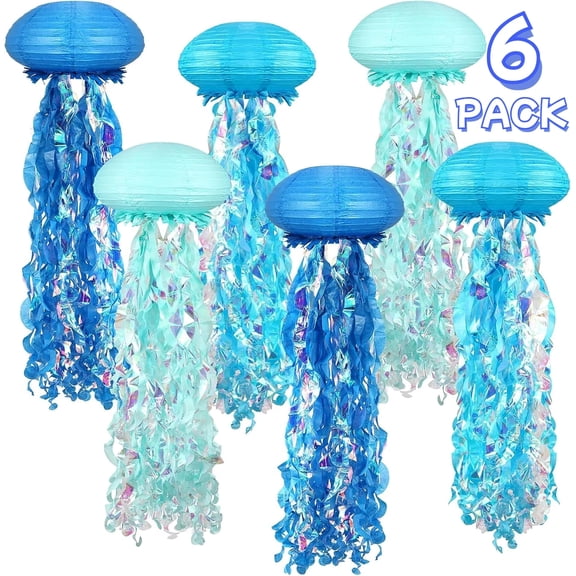 6 Pack Jelly Fish Paper Lanterns, Hanging Gradient Blue Paper Lanterns for Birthday Mermaid Theme Under The Sea Ocean Party Baby Shower Kids Room Decorations