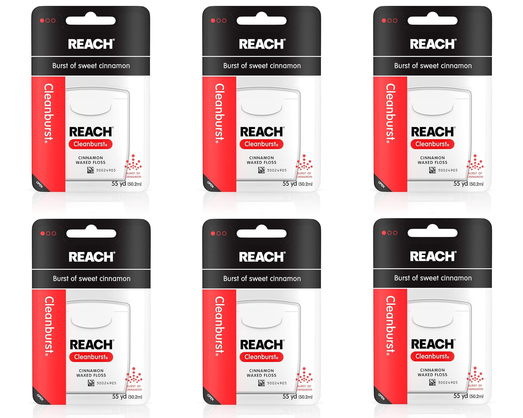 6 Pack Johnson & Johnson REACH Dental Floss Cleanburst of Sweet Cinnamon 55 yds Ea