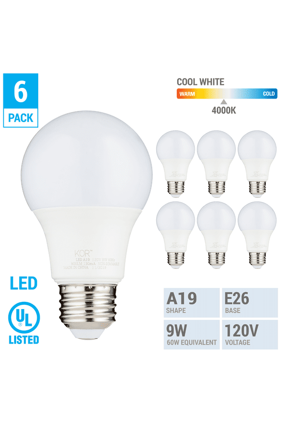 Pack of 6 9W LED A19 Light Bulbs, 60W Equivalent, 4000K Cool White, 800 Lumens, Non-Dimmable, E26 Base, Long Life