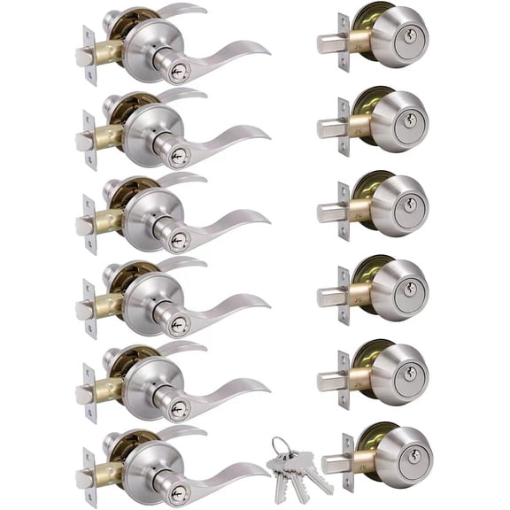 (6 Pack) Keyed Alike Front Door Lever Lockset with Single Cylinder Deadbolt Combination Set， Wave Style Lever, Front Door/Exterior Door Knob with Lock and Deadbolt，Satin Nickel Finished