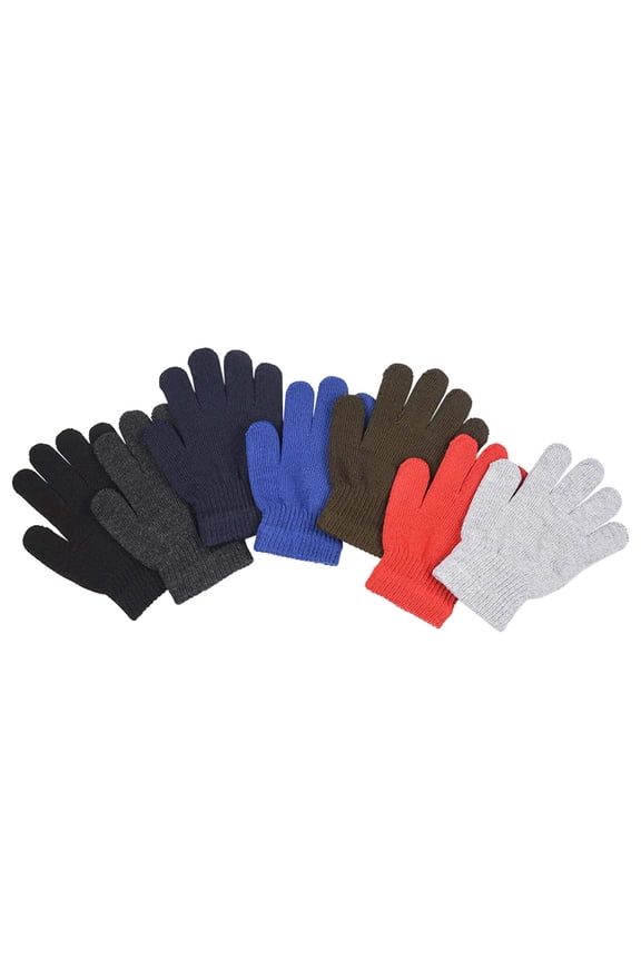 6-Pack Kid's Unisex Winter Polyester Magic Gloves, Assorted Solid Multi-Color, One Size