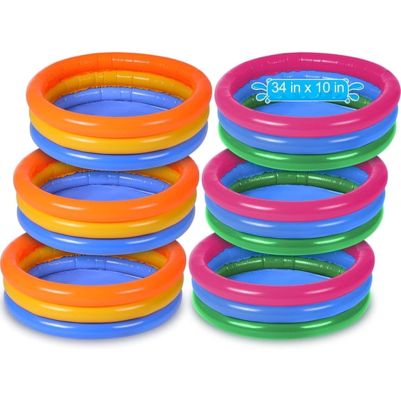 6 Pack Kiddie Pool for Toddler 34 x 10 Inch Inflatable Kids Swimming Pool Small Baby Blow up 3 Rings Round Baby Padding Ball Pond for Indoor and Outdoor Water Game Play Center(Cute Style)