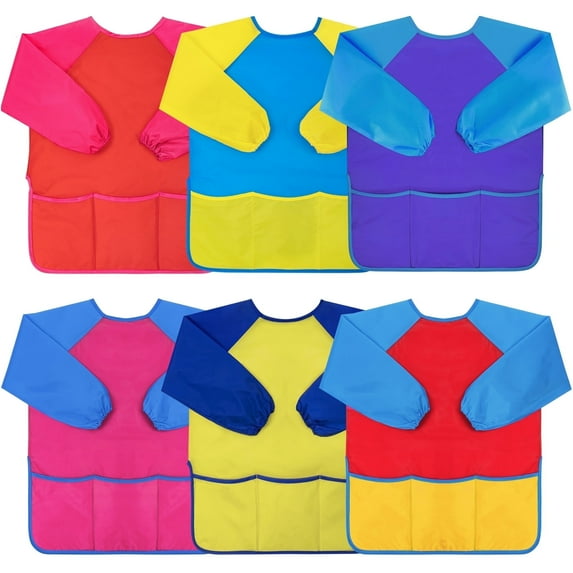 Scidweet 6 pack Kids Apron for Cooking, Waterproof Multi-Color Painting Aprons Kids Art Smocks Paint with Long Sleeve 3 Roomy Pockets for Age 2-6 Years