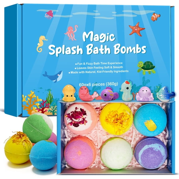 6 Pack Kids Bath Bombs with Hidden Ocean Animal Surprise Toys, Kid-Friendly Tub Safe Bath Fizzers Infused Dried Petals & Essential Oil, Spa Gift Set for Toddlers Girls Boys Birthday Christmas Present