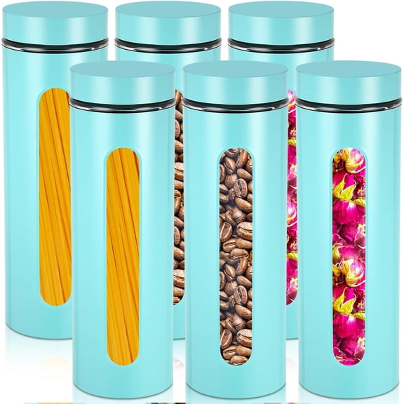 6 Pack Kitchen Canisters Set Airtight Stainless Steel Canister Food Storage Container with Window Glass, Coffee Sugar Candy Jars Tea Organizer for Flour Cookies Spice(Turquoise,60 oz)