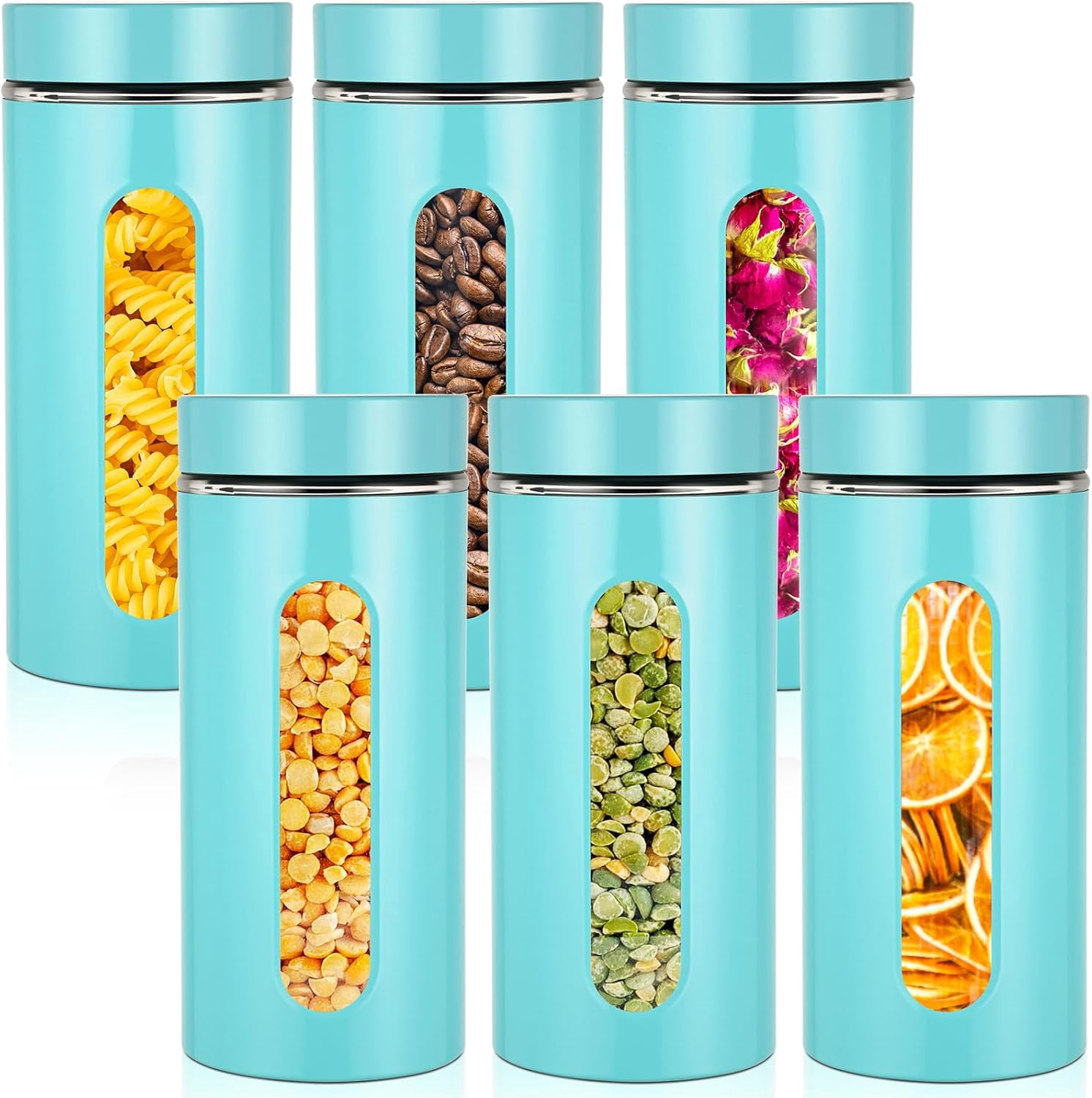 6 Pack Kitchen Canisters Set Airtight Stainless Steel Canister Food Storage Container with Window Glass, Coffee Sugar Candy Jars Tea Organizer for Flour Cookies Spice(Turquoise,44 oz)