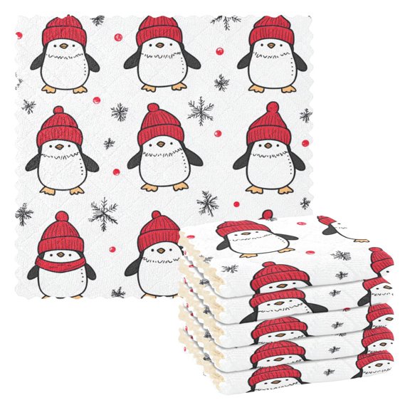 6 Pack Kitchen Dish Towels, 11 Inch x 11 Inch Reusable Cleaning Cloths for Washing Dishes Dish Cloths for Drying Dishes Penguin Pattern