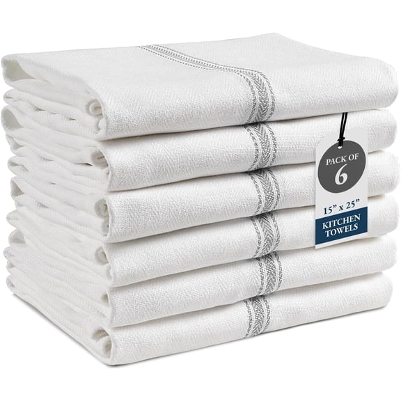 6-Pack Kitchen Towel Set, 14"x25", 100% Cotton, Herringbone Weave, Quick Dry, Reusable, Machine Washable, Grey Stripe