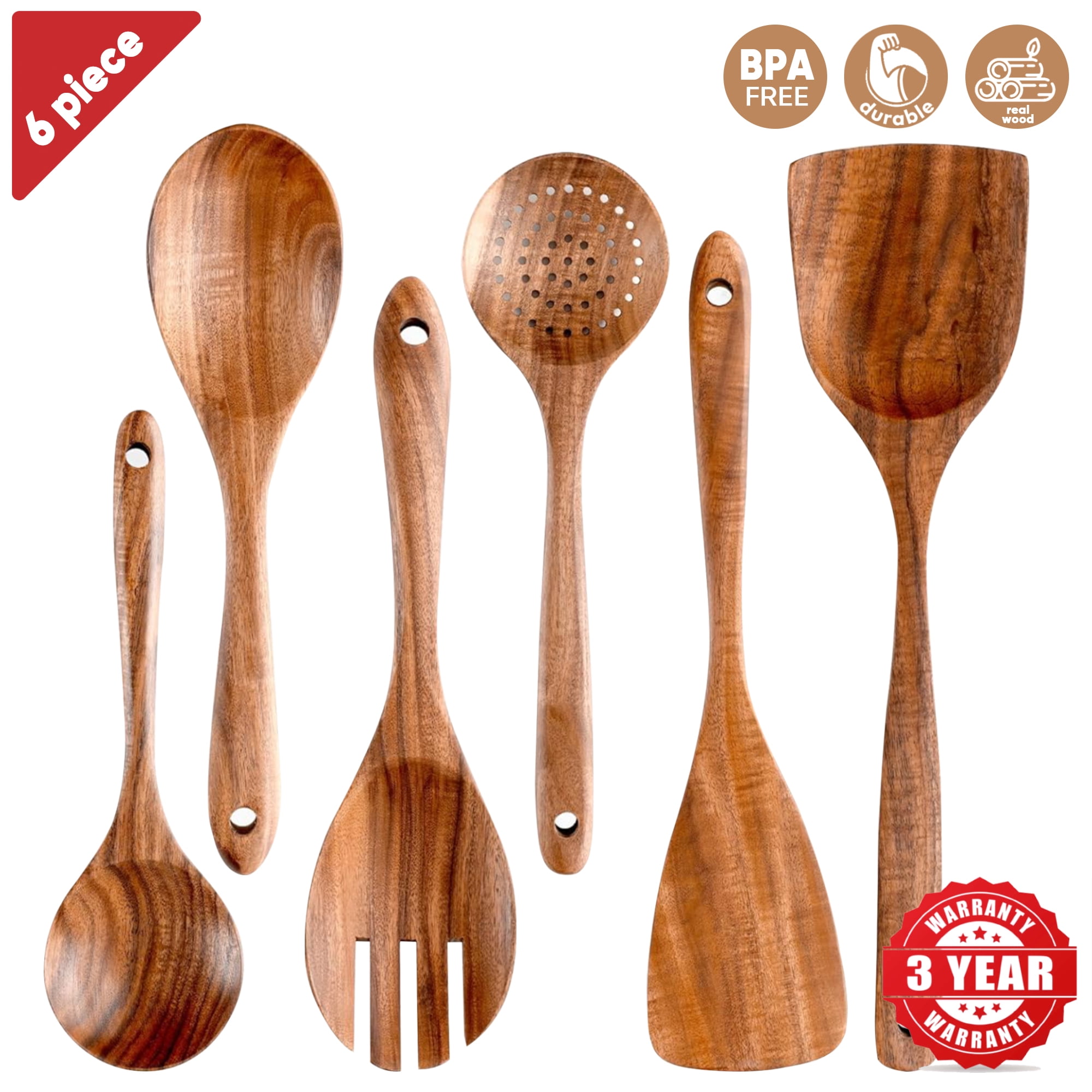 6 Pack Kitchen Wooden Utensil Set, Cooking Accessories, Wood Spoon, Spatula, Fork Set, Teak Wood