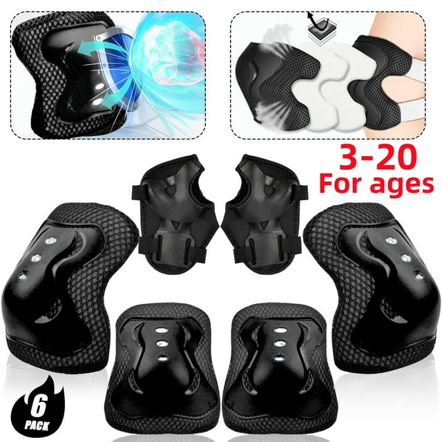 6 Pack Kids & Youth Protective Gear Knee, Elbow Pads for Skating