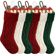 COWIN 6 Pack Knit Christmas Stockings, 18 Cable Knitted Stocking Decorations Xmas Rustic Farmhouse for Family Holiday Season, Burgundy, Ivory White, Green