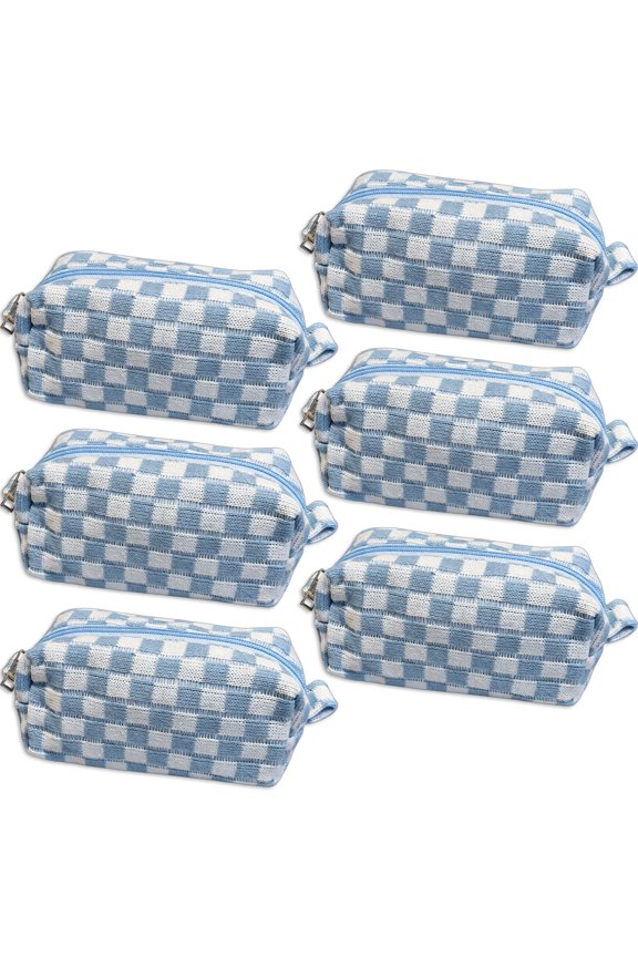 6 Pack Korean Style Checkered Makeup Bag, Soft Polyester Cosmetic Pouch, Portable Knit Toiletry Organizer with Zipper