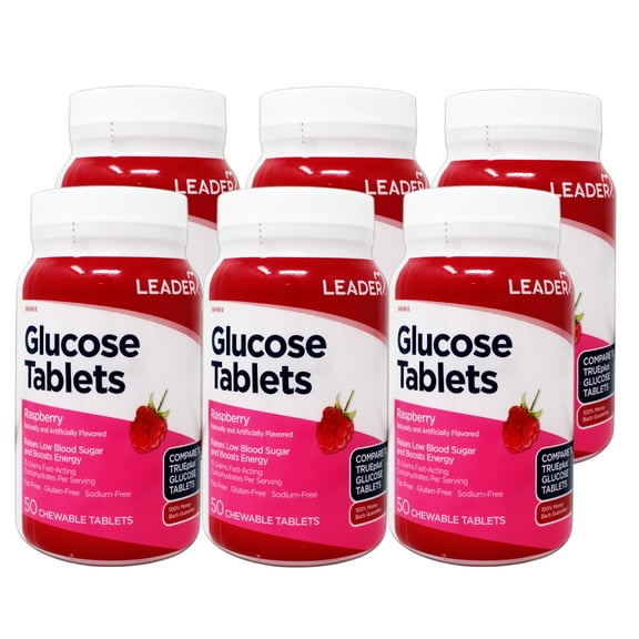6 Pack - LEADER Glucose Tablets, Energy and Blood Sugar Support, Raspberry Flavor, 50 Chewable Tablets