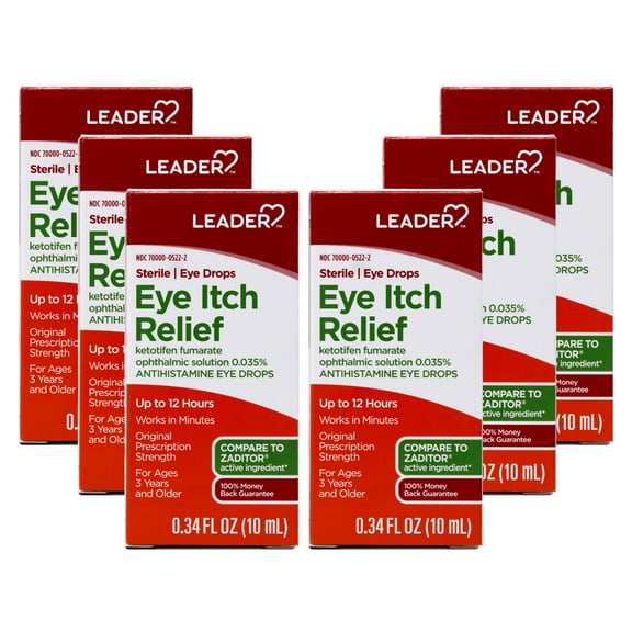 6 Pack - LEADER Sterile Eye Drops for Eye Allergy & Itch Relief, Ketotifen Antihistamine Solution 0.035%, Up to 12 Hours, Prescription Strength 0.34 fl oz