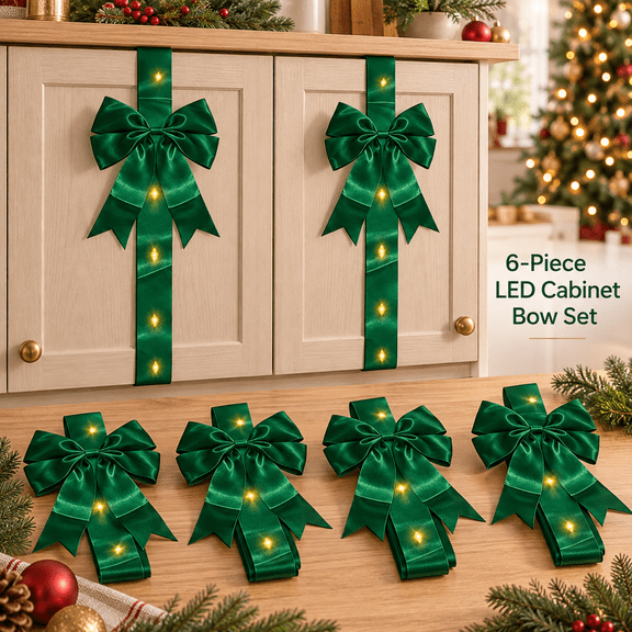 6-Pack LED Christmas Cabinet Ribbon Bows, Lighted Kitchen Cupboard Door Decorations with Hook-and-Loop Fasteners, Battery Operated Holiday Home Decor