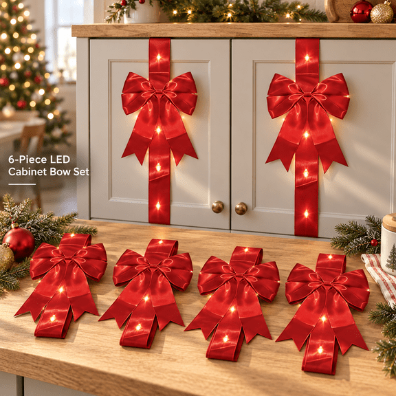 6-Pack LED Christmas Cabinet Ribbon Bows, Lighted Kitchen Cupboard Door Decorations with Hook-and-Loop Fasteners, Battery Operated Holiday Home Decor
