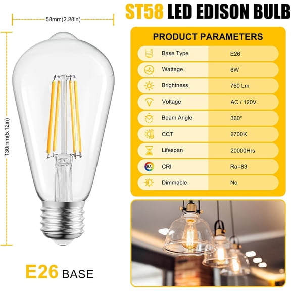 6 Pack LED Edison Light Bulbs, 6W, Equivalent 60W, High Bright 2700K Warm White,750 Lumens, Non-Dimmable, E26 Base ST58 Antique Filament Bulbs with 80+ CRI for Ceiling Fan Bathroom Porch