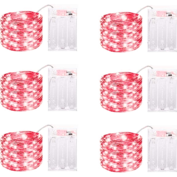 6 Pack LED Fairy Lights Battery Operated with Timer, 13FT 40LED Waterproof Firefly Lights Silver Wire Mini Twinkle String Lights for Wedding Christmas Birthday Party Mason jar Decorations, Red