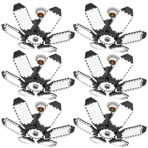6 Pack LED Garage Ceiling Light Adjustable 22000Lm Bright LED Basement Light 6 Deformable Panels 6500K Shop Lights Screw in E26 E27 Bulb