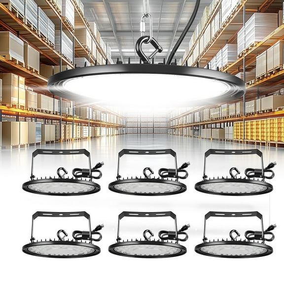 6 Pack LED High Bay Light, 150W,25500lm High Bay LED Shop Lights with 5' Cable US Hook,U Bracket, IP65 Commercial Light Fixture,5000K UFO Lights Garage Lighting for Workshop Warehouse Factory Barn