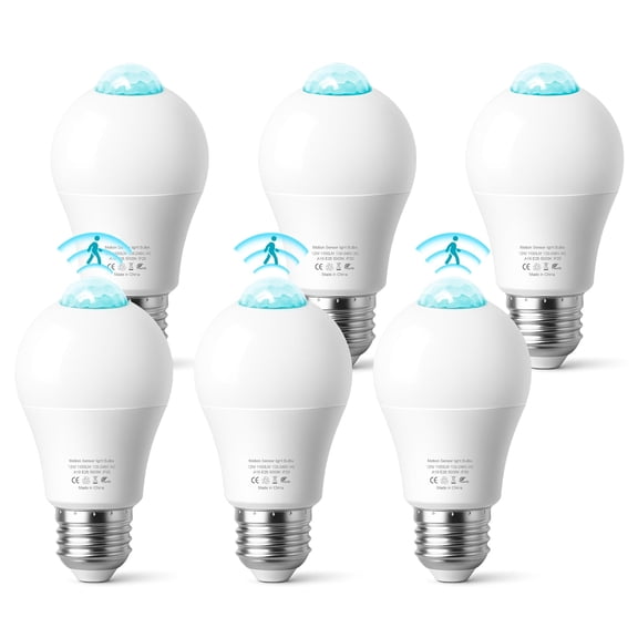 6-Pack LED Light Bulb whit Motion Sensor, Motion Activated Dusk to Dawn Bulb, 12W(100W Equivalent) E26 A19 Security LED Bulb for Outdoor/Indoor,  Front, Porch, Garage, Basement, Hallway, Stairs