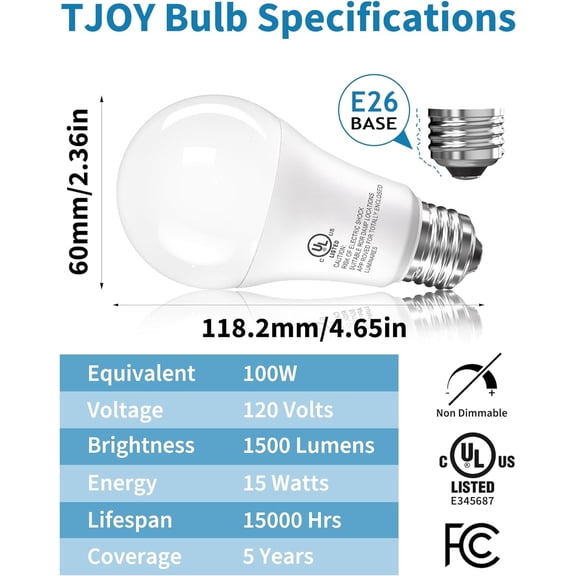 6 Pack LED Light Bulbs, 100 Watt Equivalent A19 Lightbulbs, 15W 5000K Daylight White, Bright Energy Efficient LED Bulb, 1500 Lumens E26 Standard Screw Base Lamp for Kitchen Indoor, Non-Dimmable