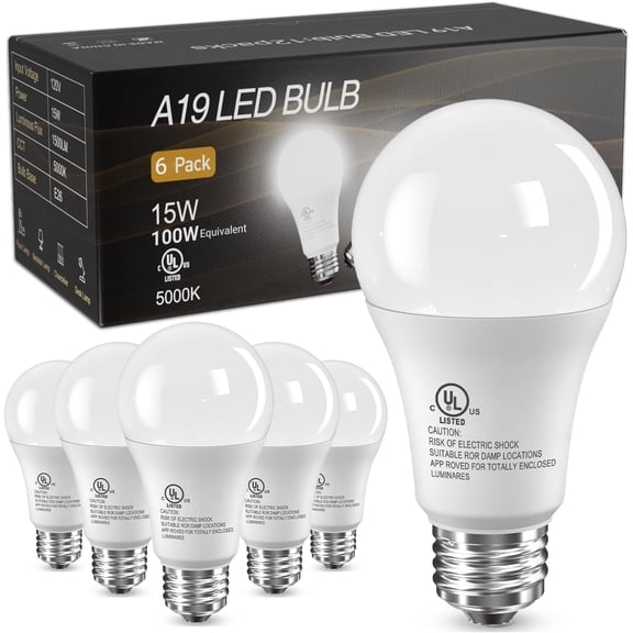 6 Pack LED Light Bulbs, 100 Watt Equivalent A19 Lightbulbs, 15W 5000K Daylight White, Bright Energy Efficient LED Bulb, 1500 Lumens E26 Standard Screw Base Lamp for Kitchen Indoor, Non-Dimmable