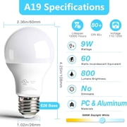 6 Pack LED Light Bulbs A19 E26 60 Watt Equivalent Daylight White 5000K Standard Lightbulb, 800 LM, Efficient 9W Energy Saving, Non-Dimmable, 80+ CRI, 120V, UL Listed, for Indoor