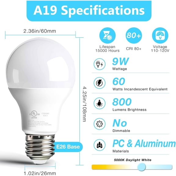 6 Pack LED Light Bulbs A19 E26 60 Watt Equivalent Daylight White 5000K Standard Lightbulb, 800 LM, Efficient 9W Energy Saving, Non-Dimmable, 80+ CRI, 120V, UL Listed, for Indoor