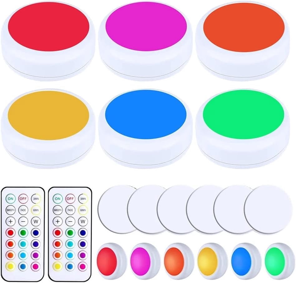 6 Pack LED Puck Lights with Remote Control, Wireless Under Cabinet & Closet Lighting, 13 Color Changing Stick-On Tap Lights with 10 Brightness Levels & Timer for Kitchen, Closet, Shelves