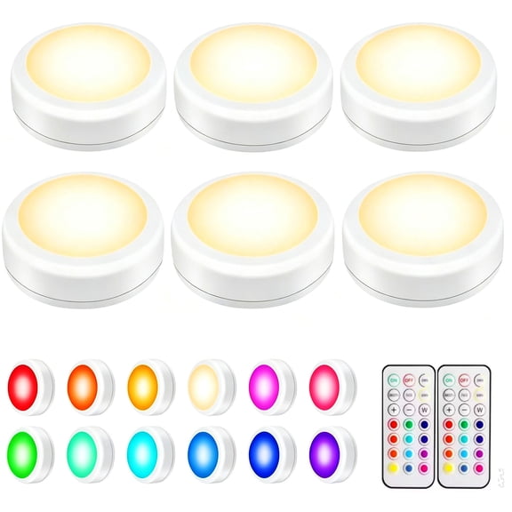 6 Pack Puck Lights with Remote Control, LargeSize Battery Operated Under Cabinet Tap Lights, RGB 13Color Changing Closet Lighting, Timer & Memory Function for Kitchen Shelf Locker