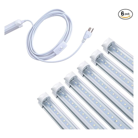 6 Pack LED Shop Light Fixture, 4FT 24W 6000K Daylight White Clear Cover Linkable Beer Cooler Light, T8 LED Integrated Tube Lights with On/Off Plug Cable for Garage,Work and Workshop